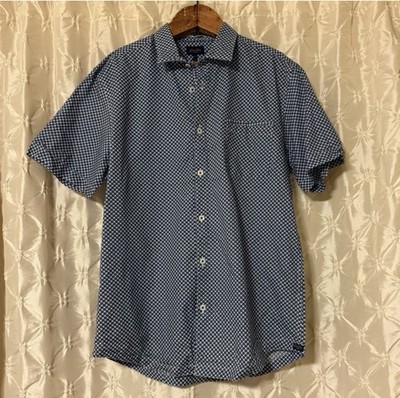 Good Man Brand Navy Blue Patterned Button Front Shirt Indigo Square Grid Geo M