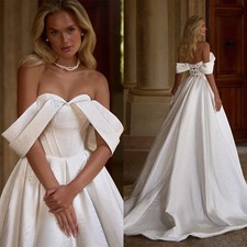 Sexy Satin Wedding Dresses Off Shoulder Cap Sleeves Lace Appliques Bridal Gowns