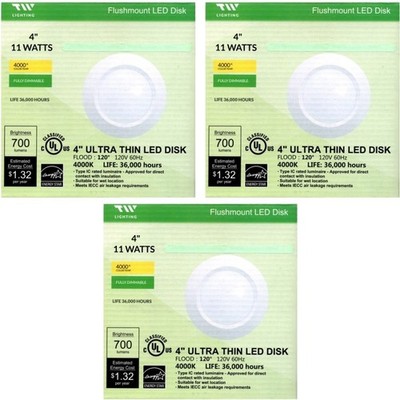 3 - TW Lighting 4'' Round Flush Mount Dimmable Ultra Thin 11 Watts LED Disk Light