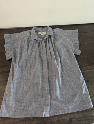 Trovata Birds of Paradise Blue Linen Blend  Pinstripe Blouse S Preppy Nautical