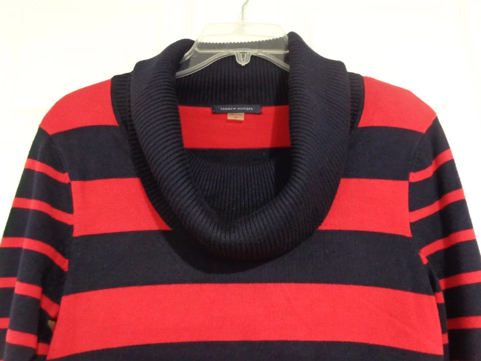 Tommy Hilfiger Women's Navy Blue Red Stripe Funnel Turtleneck Sweater Dress Sz M - Image 2 of 4