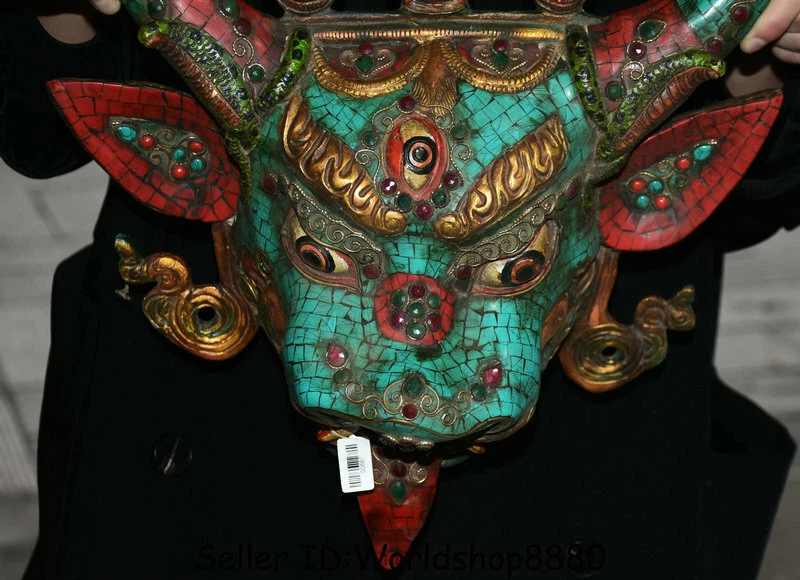 Máscara facial de deidad iracunda Mahakala gema bronce budismo tibetano antiguo de 17,2" Foto 2 de 4