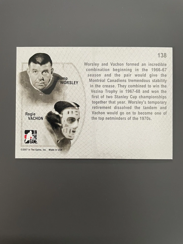 2006-07 ITG Between the Pipes Tandems Gump Worsley Rogie Vachon #138 HOF - Image 2 of 2