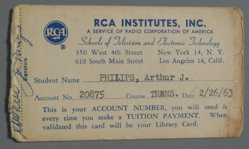 1963 RCA Institutes Account Card Television Repair Original Uncommon