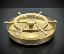 Vintage Brass Ship Spinning Wheel Ash Tray Trinket Tray Nautical 2-piece