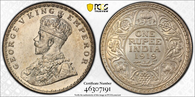 C. 1919 George V India British Silver 1 Rupee PCGS MS64 KM# 254 SW