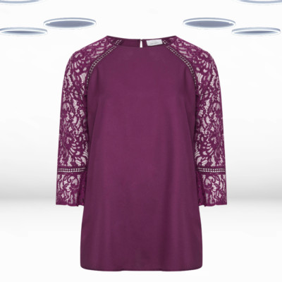Ex Women's Plus Size Long Sleeve Lace Detail Blouse in Pruple (Defect)