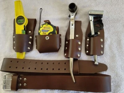 BBI Scaffold Brown Leather Tool Belt 4 Tools Set 1921 mm Spanner 716 Level Tape