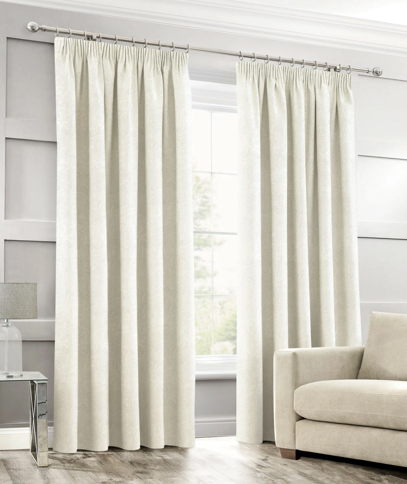 Cream Jacquard Ready Made Pencil Pleat Tape Top Curtain Pair w/ Tiebacks Pelmet