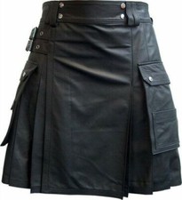 Mens Real Genuine Leather Cargo Pockets Pleated Kilt Utility Kilt Club wear Kilt