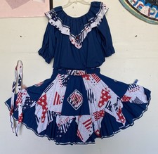 Vintage Patriotic 4 pc. Square Dance Outfit M/L Fancy Fashions w/Belt  Bolo Tie