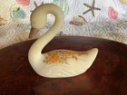 70s FENTON Custard Satin Glass Swan w/ Daisies Figurine Signed F BURTON