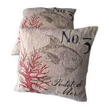 Pottery Barn Fish Pillow Cover w/insert Linen Lake Cottage Lot Of 2 Poulet Mer