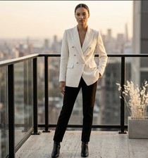 Jason Wu Womens Ivory Double-Breasted Tweed Blazer With Gold Buttons Size S