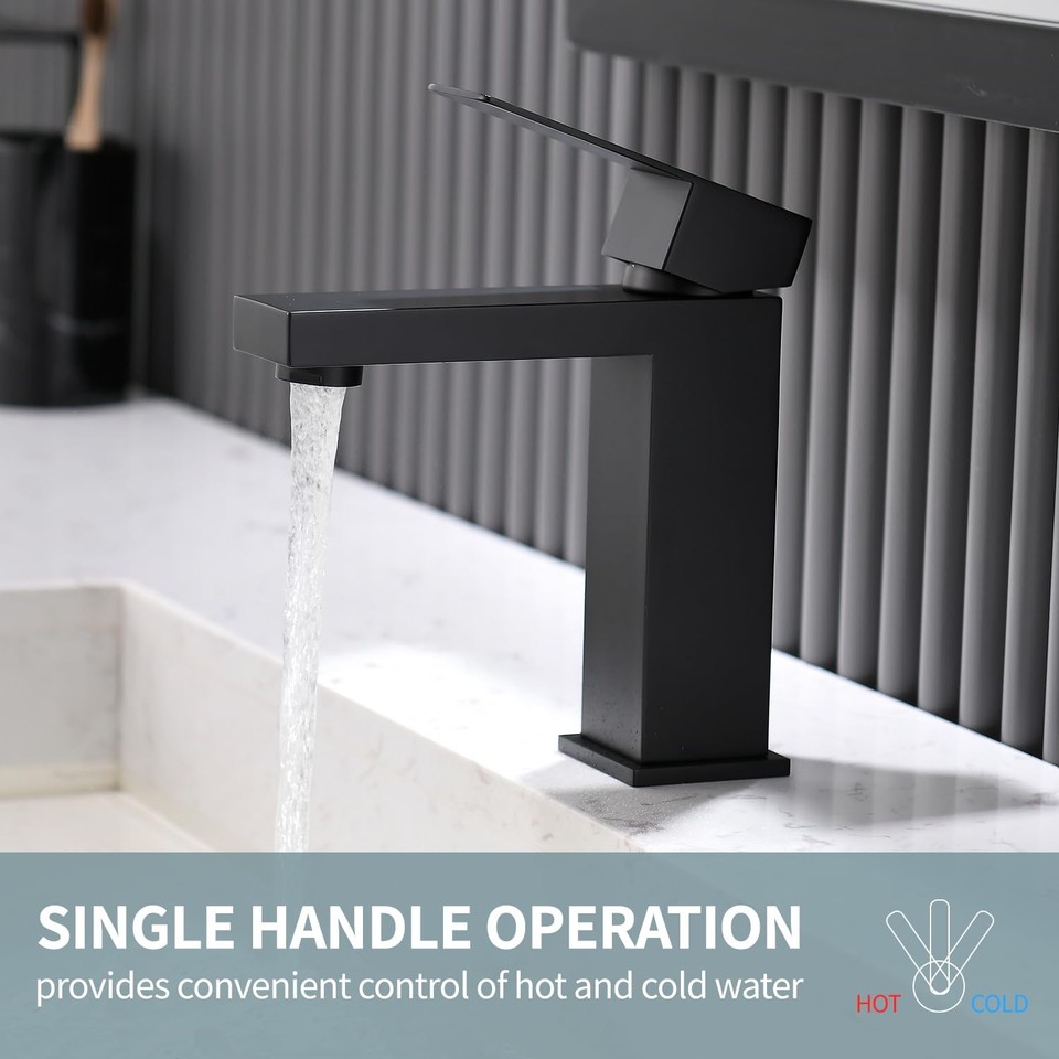 Matte Black Bathroom Faucet, Modern Single Handle Square Bathroom Sink ...