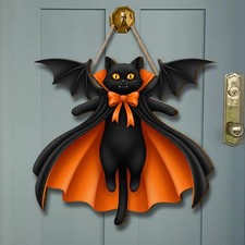Halloween Gatto Nero Vampiro Pipistrello Insegna in Legno, Decorazione da Parete Gotica