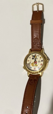 #ad Disney Mickey Mouse Quartz Analog Wristwatch Brown Leather Strap Gold Tone $10.30