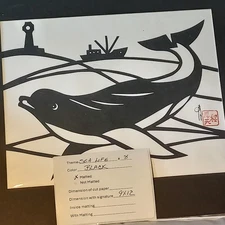 Dolphin Paper Cutting Chinese Artwork Matted 9 x 12 Signed VTG Hou-tien Cheng