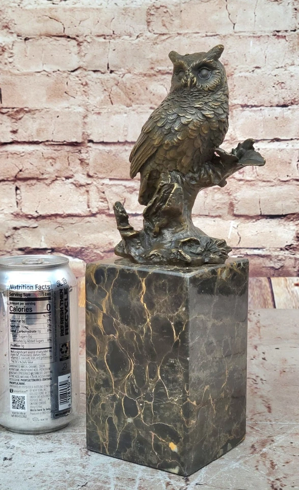 Escultura de bronze, estátua feita à mão animal coruja figura pura em base de mármore obra de arte - Imagem 2 de 4