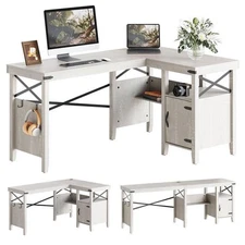 Bestier Farmhouse L-Shaped Computer Desk W/Storage Cabinet Shelves Light Grey