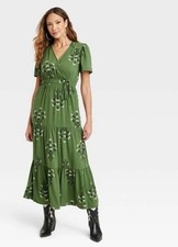 Knox Rose Green Floral Wrap Boho Prairie Cottagecore Dress With Pockets XS