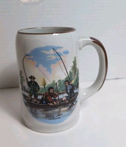 Vintage Currier And Ives Catching A Trout Scene Large Coffee Mug H 5” x 3”
