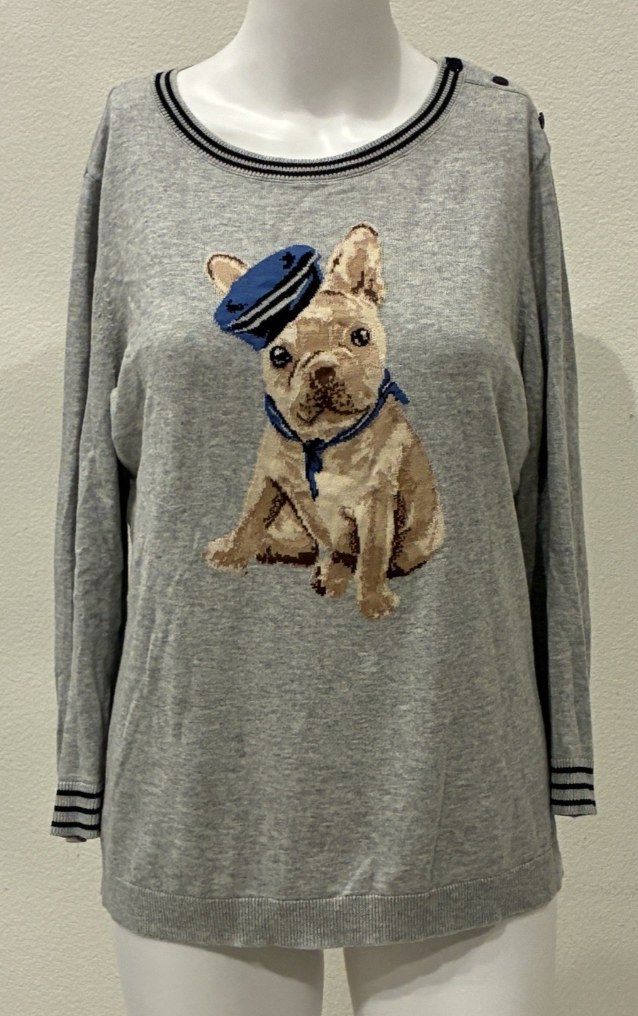 Talbots French Bulldog Nautical Pullover Sweater Women’s S Gray Preppy Novelty