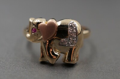 10K massiver Gelbgold mehrfarbiger süßer Elefant rote Augen CZ Bandring. Größe 6,5