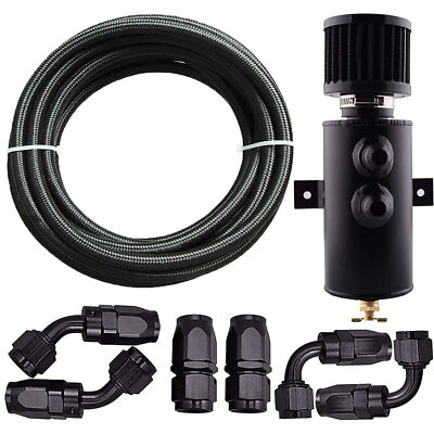 10AN Oil Catch Can Reservoir Tank 2 Port Dual Breather Filter Baffled+ 10FT Hose
