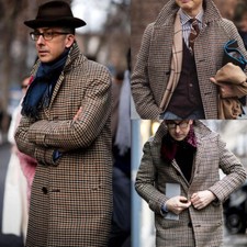Houndstooth Men's Overcoat Wool Blend Vintage Winter Outwear Long Jacket Casual