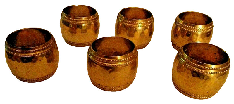 Brass Napkin Rings-Lot of 6 Rings-Rare Vintage Unique-Hammered Design
