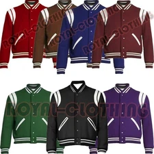 Varsity Letterman Bomber Baseball Leather Stripes College Stylish Wool Jacket