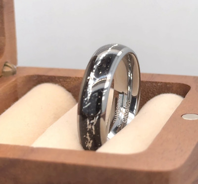 Couple Ring Gifts Black Meteorite Inlay Ring Silver Tungsten Anniversary Band