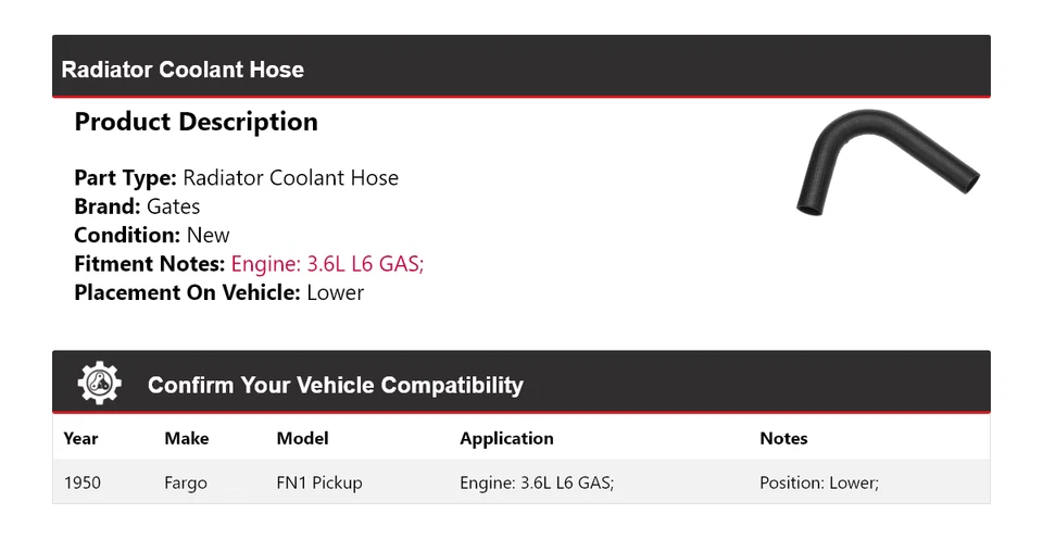 Para 1950 Fargo FN1 Pickup 3.6L L6 radiador gás líquido refrigerante mangueira portões inferiores - Imagem 2 de 4