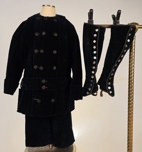 VICTORIAN 19TH C  5 PC BOY’S BLACK VELVET SUIT W GAITER’S + TRIPLE BUTTON JACKET
