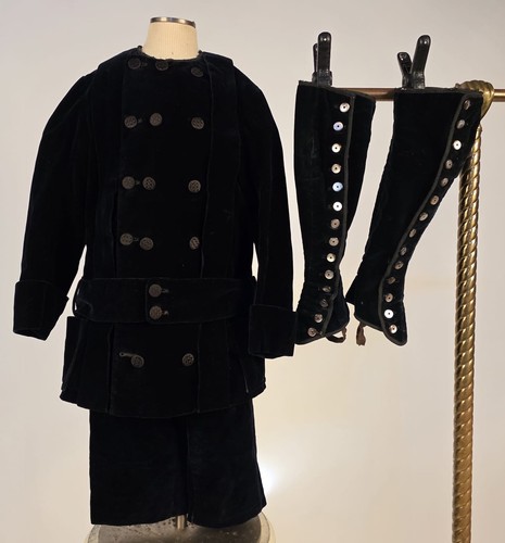 VICTORIAN 19TH C  5 PC BOY’S BLACK VELVET SUIT W GAITER’S + TRIPLE BUTTON JACKET