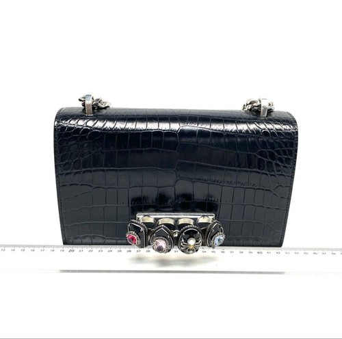 Alexander McQueen Jewelled Satchel Bag Black Croc Embossed Leather Skull 4-Ring
