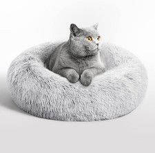 Calming Cat Bed for Indoor Cats, Anti-Anxiety Donut Round Dog Bed, Fluffy Faux F