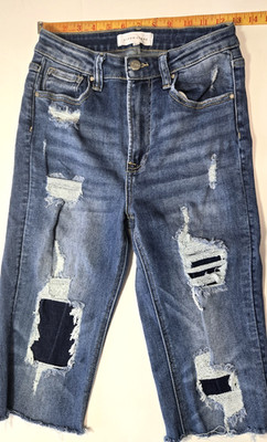 Risen Women's Distressed Cut-off Stretch Patched Bermuda Blue Jeans -Size - 5/27