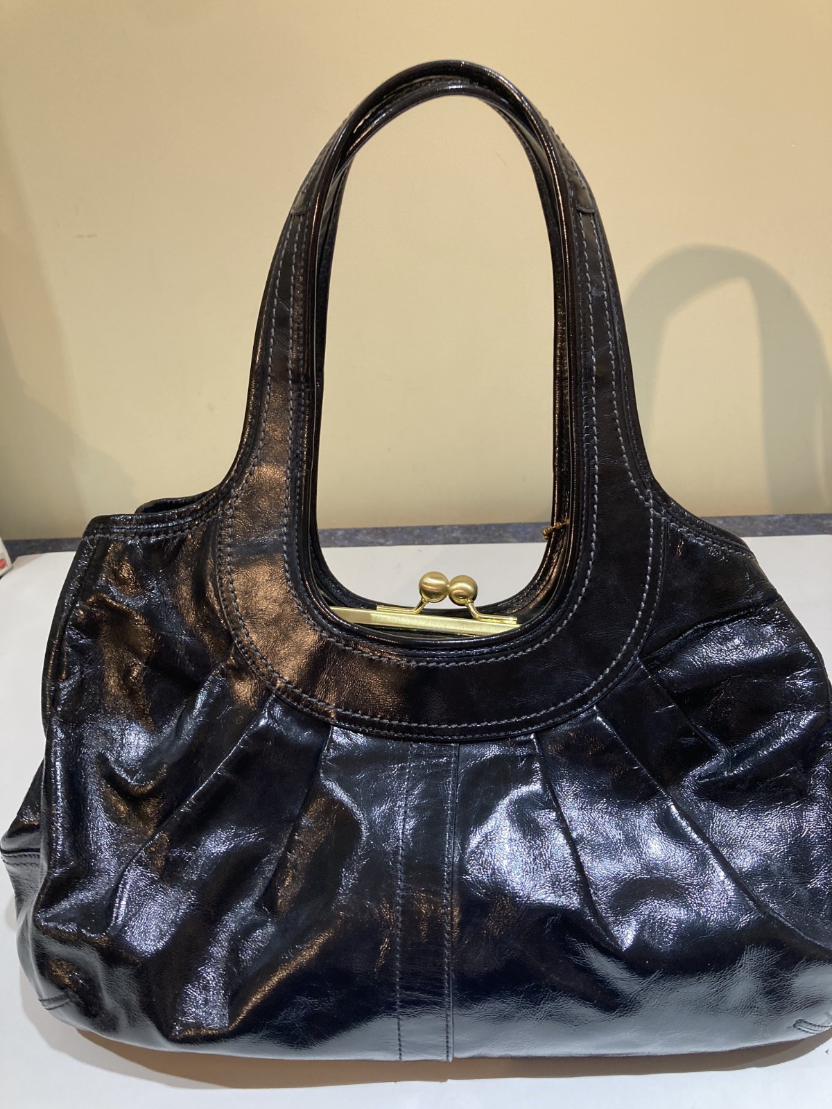 COACH Ergo Pleated Leather Kisslock Satchel Black Aqu… - Gem