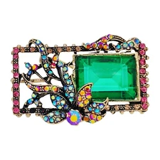 Vintage AB Vine Flower Green Rectangle Stone Art Deco Brooch