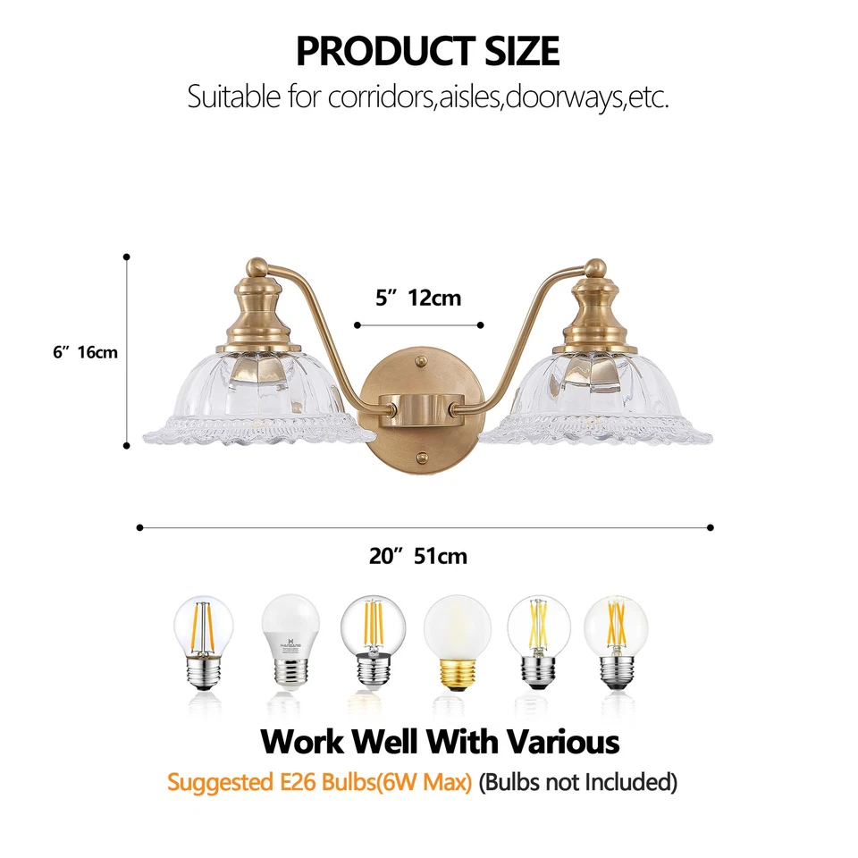 Tocador 2 Luces 20"" Elegante Dorado para Baño Vintage Espejo Lámpara de Pared Accesorio Foto 2 de 4