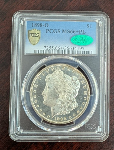 1898-O CAC PCGS MS66+PL MORGAN DOLLAR GOLD SHIELD EXCELLENT PL MIRRORS