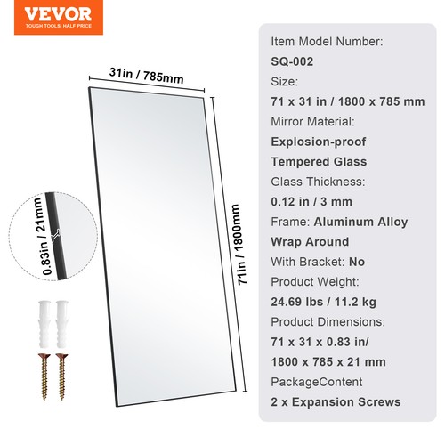 VEVOR Full Length Floor Mirror 1800 x 785 mm Free Standing Wall Mounted Tempered - Picture 7 of 12