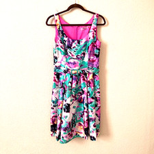Eliza J New York Size 6 Women Pink Art to Wear Belted Flare Midi Dress Pockets