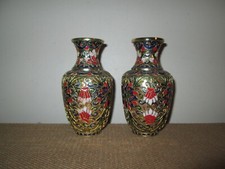 Pair of 2 Vintage Enameled Cloisonne 6.5" Vases Gold & Multicolor Floral