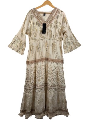 Me 2 Magic boho gold trim crochet embroidered maxi dress Goddess prairie sz 2X