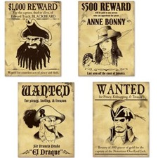 Pirate Wanted Sign Cutouts 4 Pack 15"Paper Pirate Party Wall Decorations