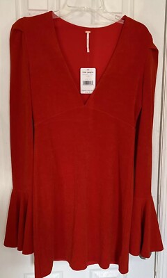 Free People Flame Orange/Red Long Bell Flare Sleeve Mini Dress Size Medium New