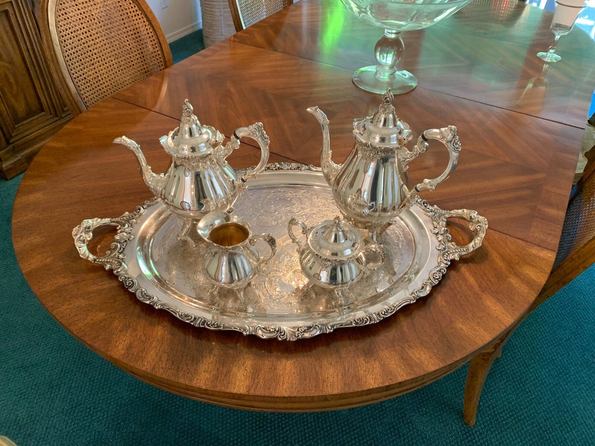 Vintage Wallace Baroque Silverplate Coffee Tea Cream Sugar Tray